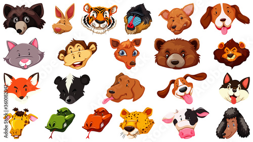 Set of different cute cartoon animals head huge isolated on white background