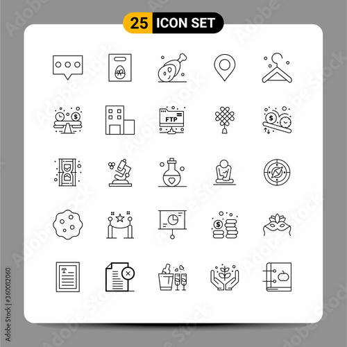 25 Thematic Vector Lines and Editable Symbols of balance, clothes, gammon, pin, location photo