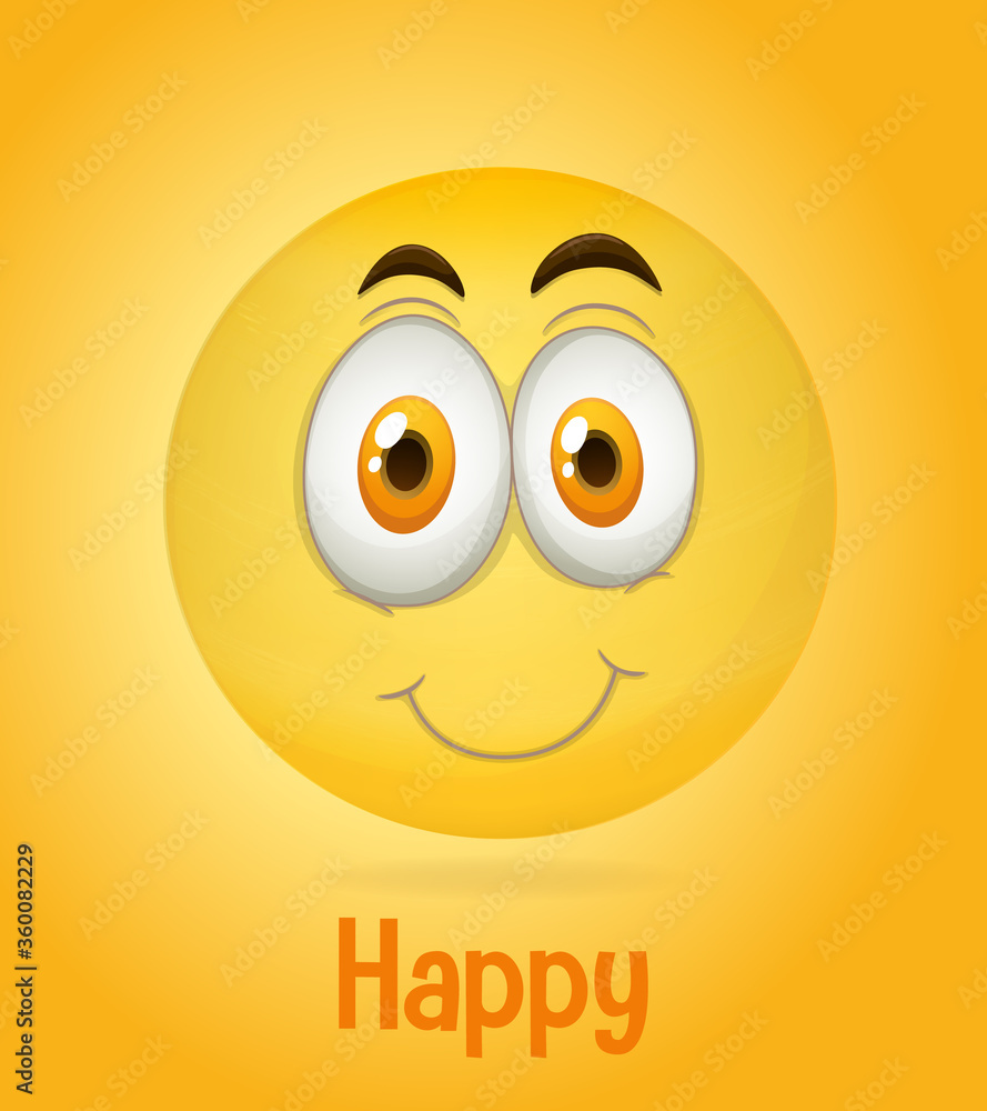 Smile happy face emoji with its description on yellow background