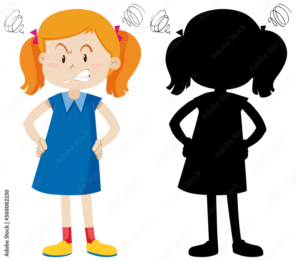 Girl with angry face in color and silhouette Girl with angry face in color and silhouette