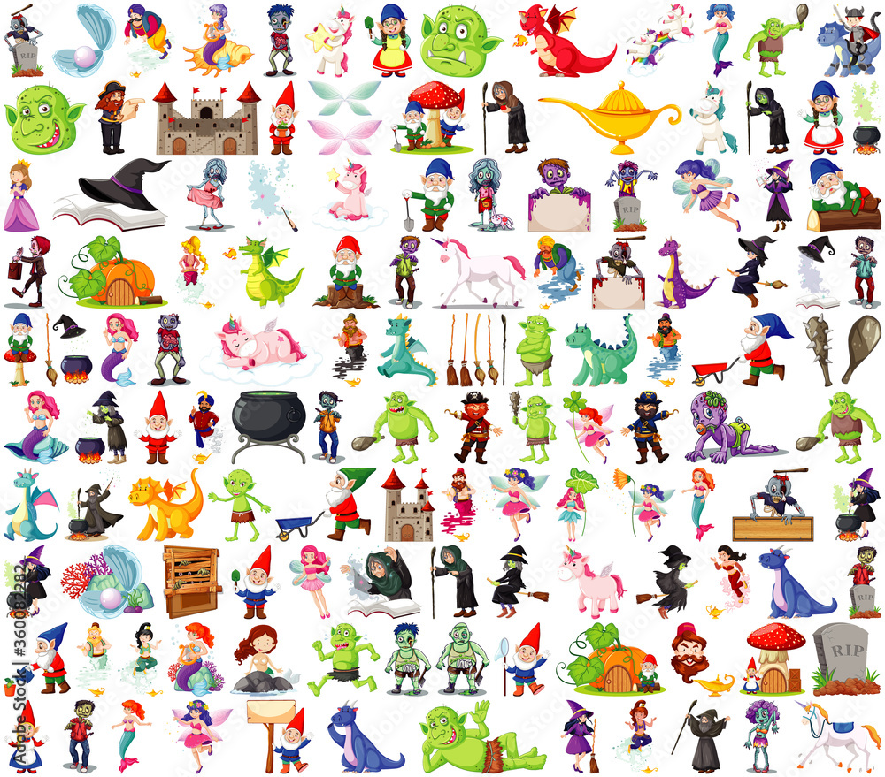 Fototapeta premium Set of fantasy cartoon characters and fantasy theme isolated on white background