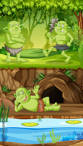 Goblins or trolls with cave forest house in cartoon style