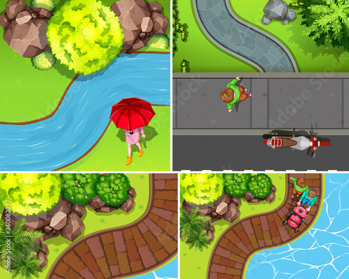 Set of aerial park with river scene