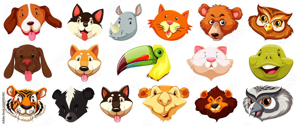 Set of different cute cartoon animals head huge isolated on white background Set of different cute cartoon animals head huge isolated on white background