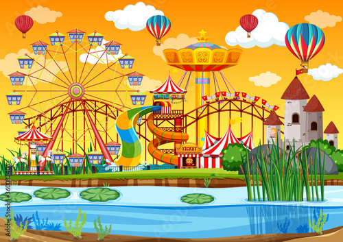 Amusement park with swamp side scene at daytime with balloons in the sky