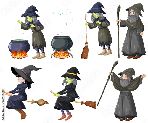 Set of wizard or witches and tools cartoon style isolated on white background