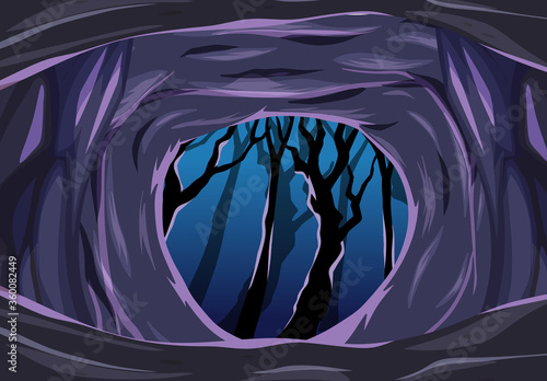 Dark cave with some dark tree cartoon style scene