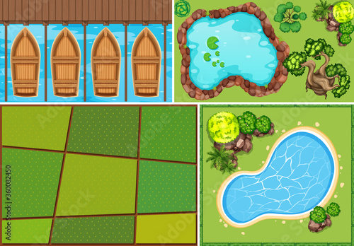 Set of aerial farm and swamp scene