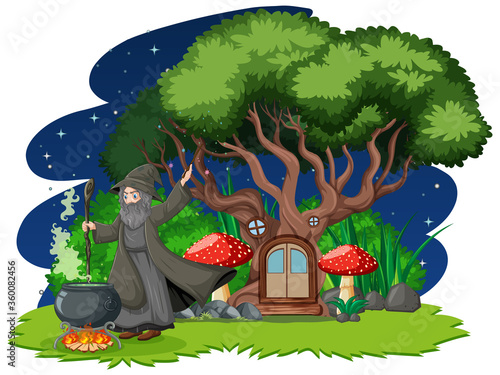 Wizard with black magic pot and tree house cartoon style on dark forest background