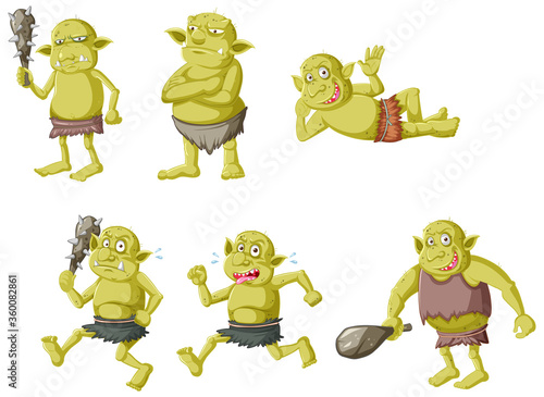 Set of green goblin or troll in different poses in cartoon character isolated