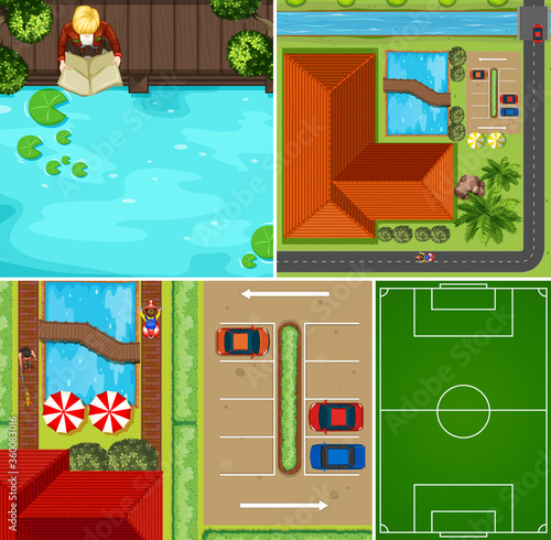 Set of aerial pool and basketball court scene