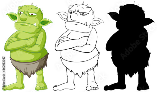 Goblin or troll in color and outline and silhouette in cartoon character on white background