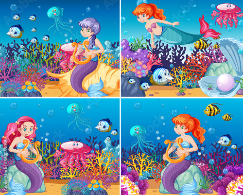 Set of cute mermaid with animal sea theme scene cartoon style