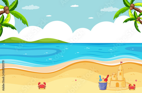 Beach scene with sand castle and little crab
