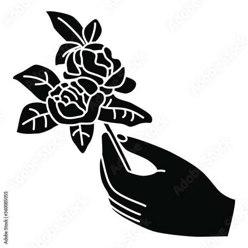 Isolated vector illustration. Human hand holding rose branch. Black and white silhouette. Romantic vintage symbol.