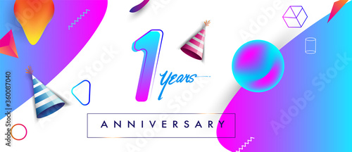 1st years anniversary logo, vector design birthday celebration with colorful geometric background and abstract elements