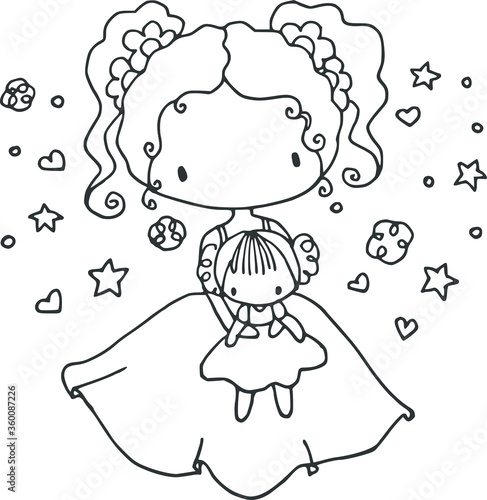 small girl with doll cartoon drawing