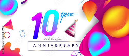 10th years anniversary logo, vector design birthday celebration with colorful geometric background and abstract elements