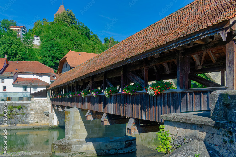 The Bern Bridge (Pont de Berne), the last remaining covered bridge in Fribourg (Freiburg), Switzerland