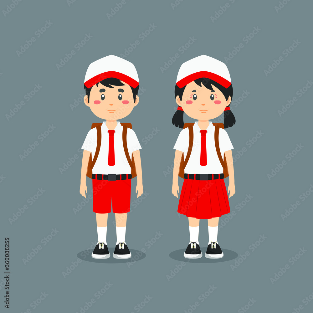Cute Character Wearing Indonesian Elementary School Uniform
