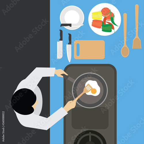 top view of  man working at kitchen table. vector illustration 