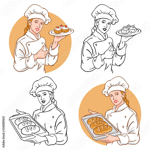 Female pastry chef. Retro style vector illustration of female chef carrying a plate of cake, holding a tray of bread. Can be used  as mascot or part of a logo.