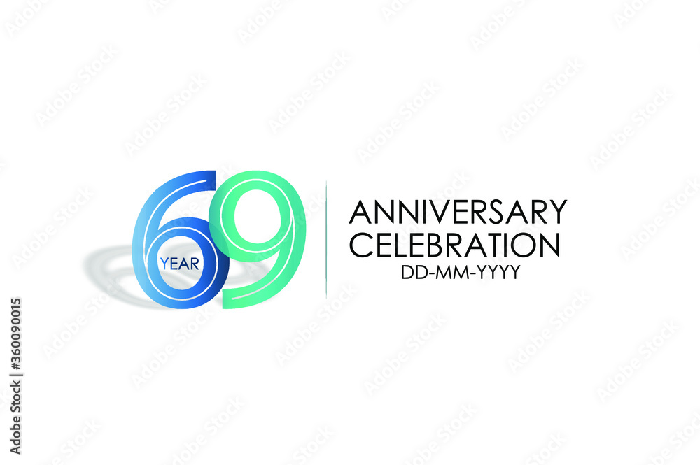 69 years anniversary celebration Blue and Tosca Colors Design logotype. anniversary logo isolated on White background, vector Horizontal number design for celebration, invitation card -vector