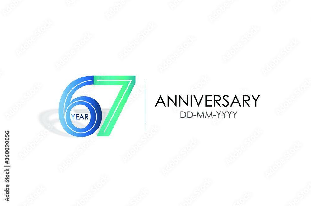 67 years anniversary celebration Blue and Tosca Colors Design logotype. anniversary logo isolated on White background, vector Horizontal number design for celebration, invitation card -vector