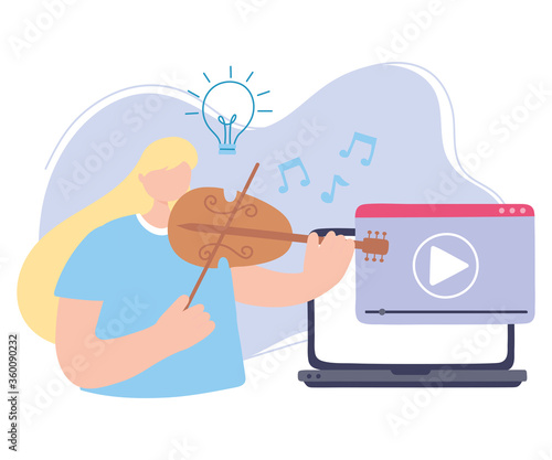 stay at home, girl in concert online with violin, self isolation, activities in quarantine for coronavirus