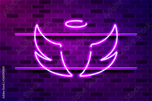 Angel wings and halo glowing purple neon sign or LED strip light. Realistic vector illustration