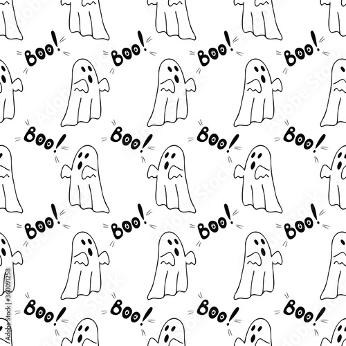 Seamless vector pattern with ghosts. Black and white outline drawing.