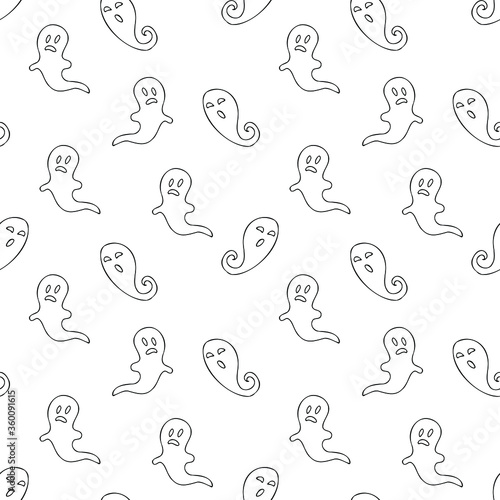 Seamless vector pattern with ghosts. Black and white outline drawing.