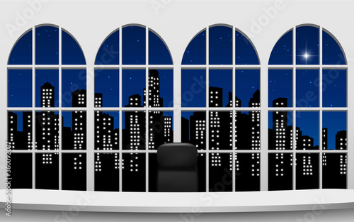 news studio with city in the night background
