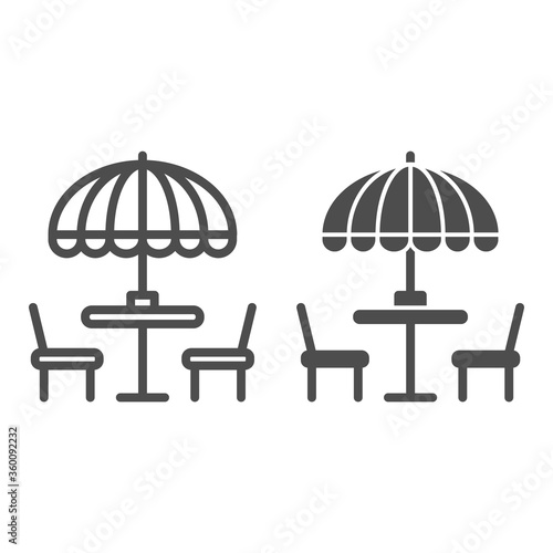 Chairs and table with umbrella line and solid icon, Street food concept, Outdoor table with umbrella sign on white background, outside cafe symbol in outline style for mobile and web. Vector graphics.