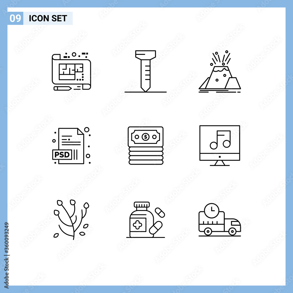 Set of 9 Vector Outlines on Grid for money, banking, eruption, psd ...