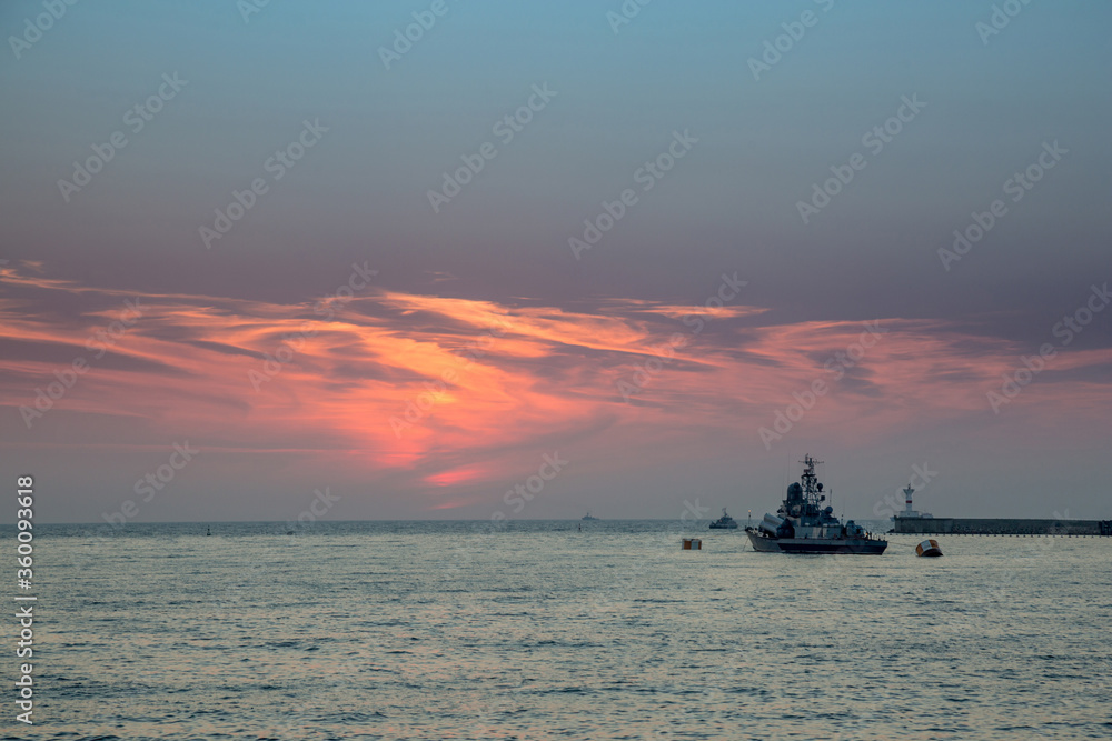 Sunset in Sevastopol overlooking the military ships of the Russian Navy