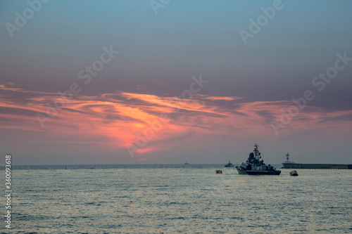 Sunset in Sevastopol overlooking the military ships of the Russian Navy