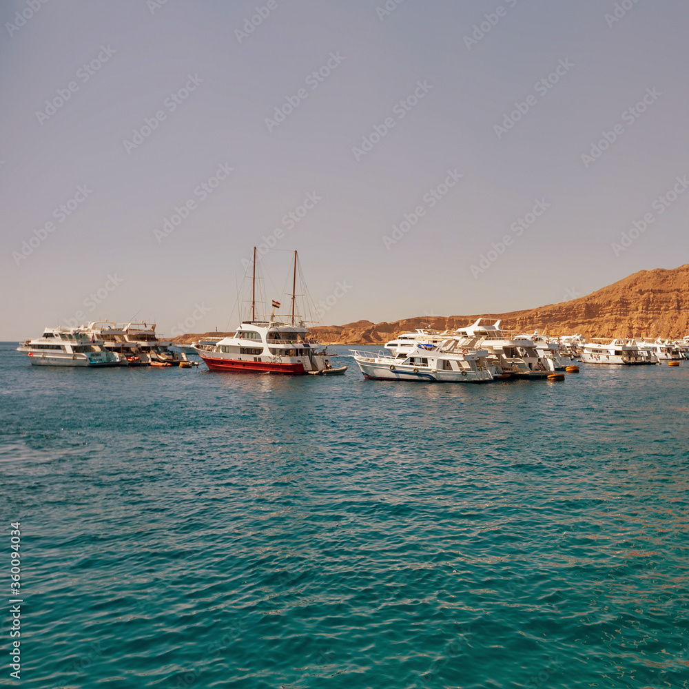 Parking of pleasure boats in the red sea near the Sinai mountains Parking of pleasure boats in the red sea near the Sinai mountains