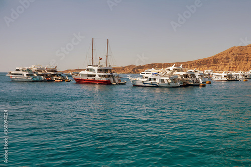 Parking of pleasure boats in the red sea near the Sinai mountains