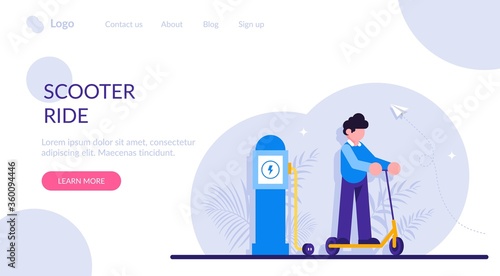 Scooter ride concept. Electric scooter on the background of a charging station. Modern flat illustration.