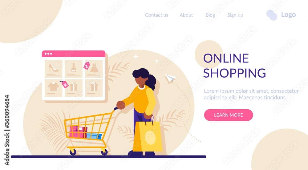 Obraz premium Online shopping concept. Woman with a package and a trolley from the supermarket in the background of the browser window with a catalog of goods. Modern flat illustration.