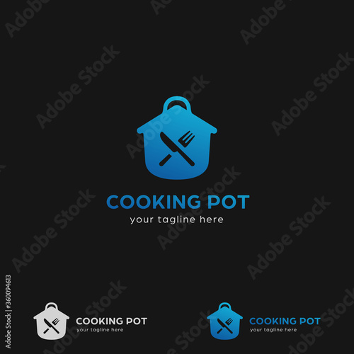 Blue cooking pot logo for kitchen restaurant with homemade food recipe vector icon symbol