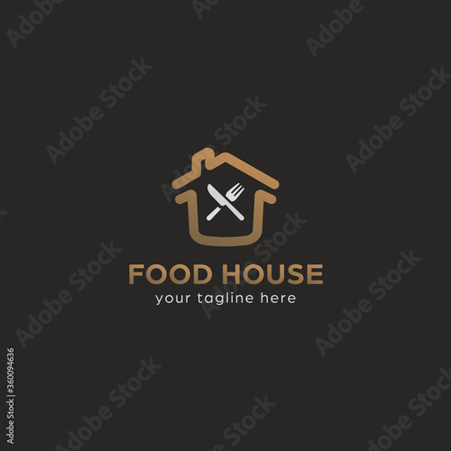 Premium food house logo with house home, fork and knife symbol in gold elegant premium style color
