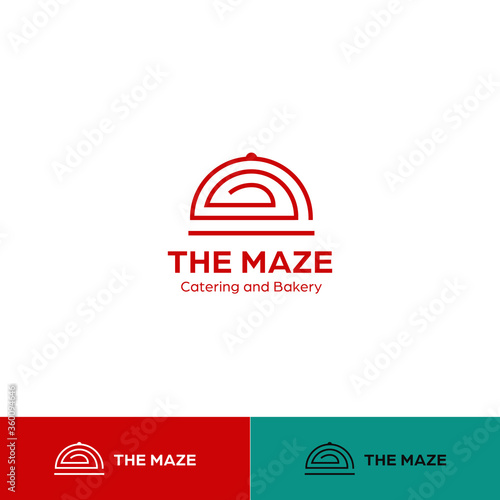 Food catering and bakery logo with cloche dome dish cover in maze shape vector icon symbol
