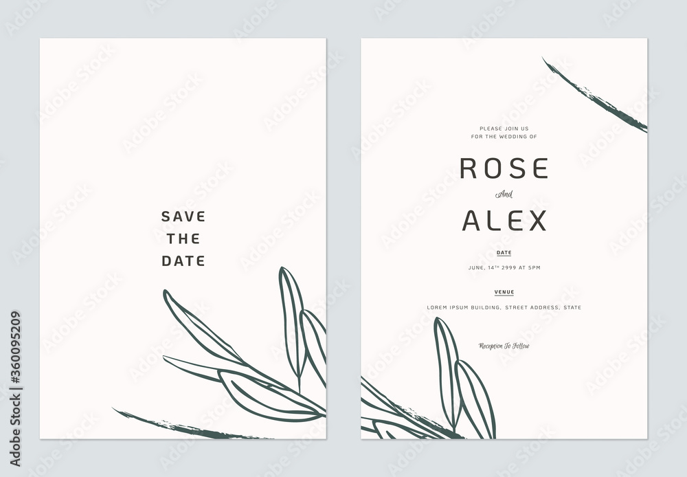 Obraz Minimalist floral wedding invitation card template design, floral line art ink drawing on white