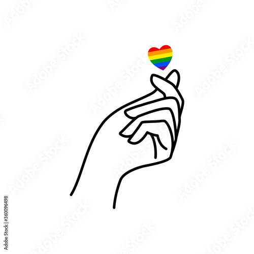 Pride LGBT Rainbow Heart and Female hand of a love symbol in a minimalist linear trendy style. Vector