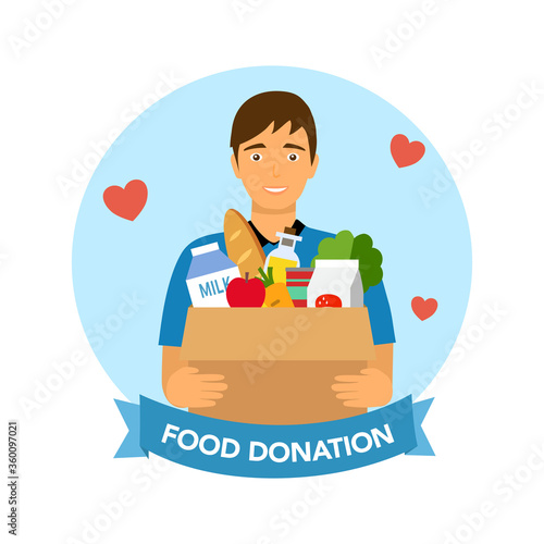 Sharing food to people. Foos donation concept. Man holding box full of food in flat design vector illustration on white background. Time for charity.	
