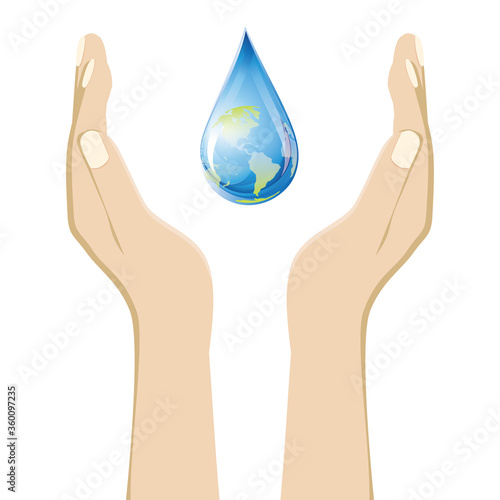 両手のひらで包んだ地球の形をした水の水滴のイラスト｜環境保護エコロジーのイメージイラスト