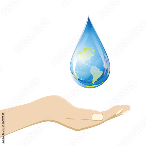 手のひらで包んだ地球の形をした水の水滴のイラスト｜環境保護エコロジーのイメージイラスト