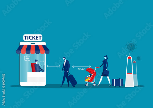 Men and women stand queue at ticket offices,cocept  they keep their distance. Vector